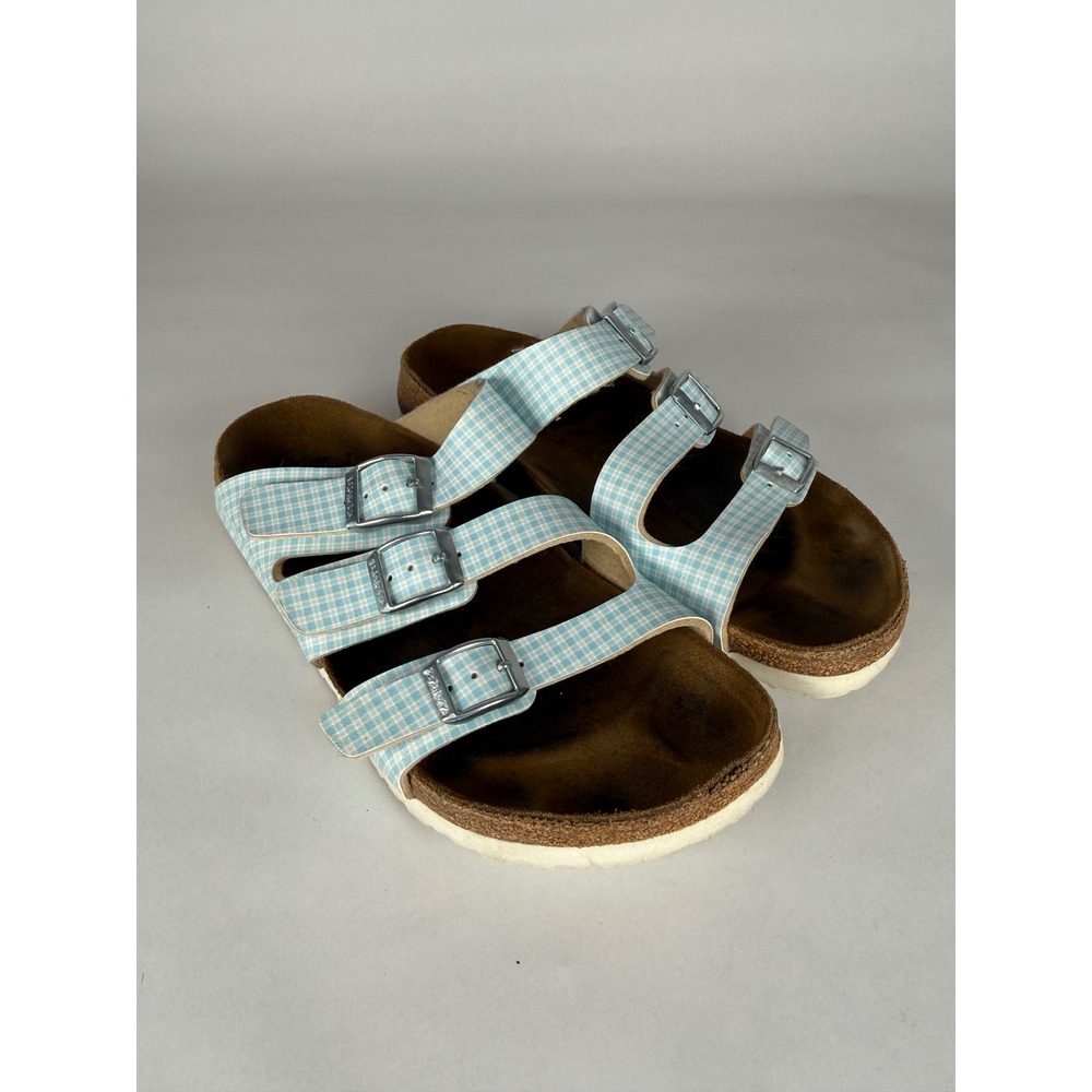 Birki's Florida Sandals Blue Gingham Check Triple Strap Buckle Slides Size 39‎